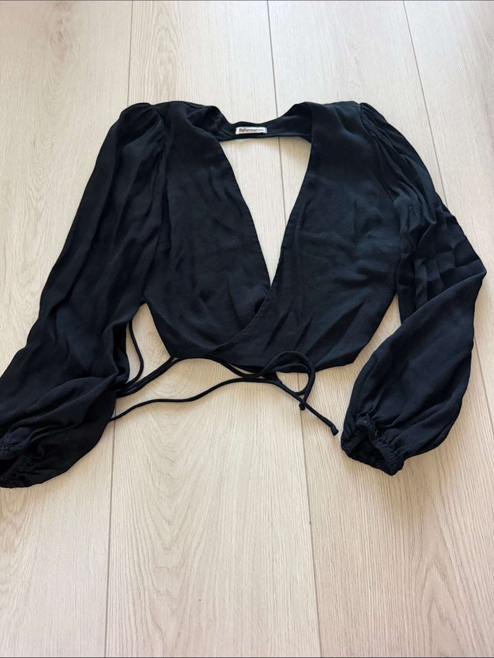 Reformation Black Long-Sleeve Wrap Crop Top